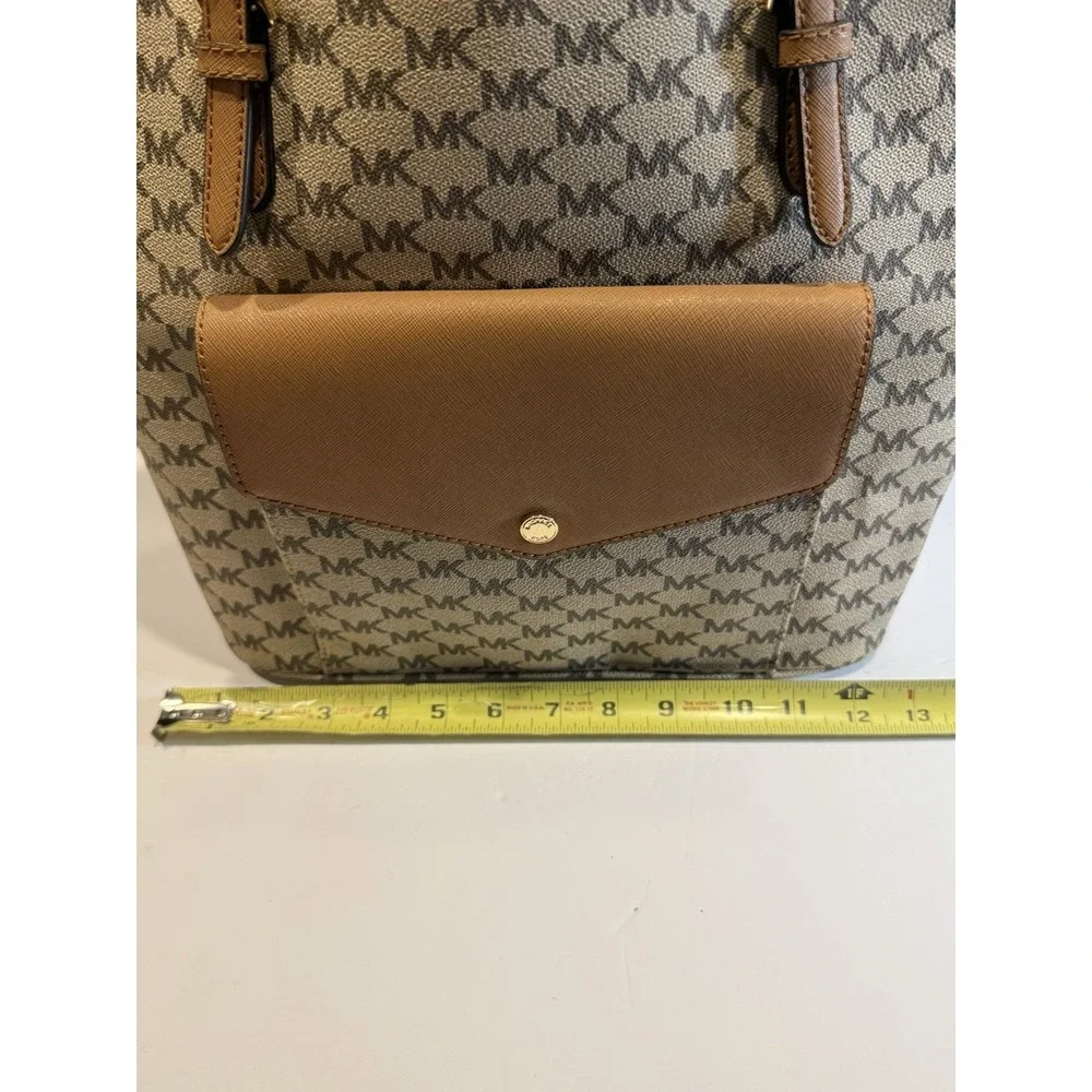Michael Kors Jet Set Signature MK Logo Tote Bag Beige Brown Large Gold Hardware
